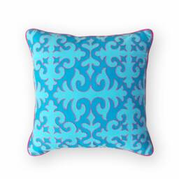 Shyrdak Turquoise Cotton Pillow Cover, Moroccan Print With Piping & Embroidery, 100%