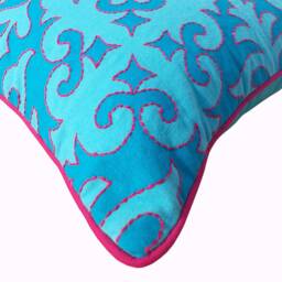 Shyrdak Turquoise Cotton Pillow Cover, Moroccan Print With Piping & Embroidery, 100% - thumbnail 3