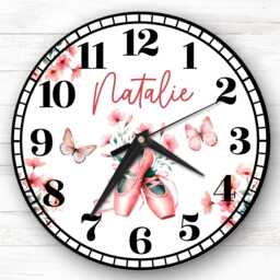 Pink Ballet Shoes Personalised Gift For Kid's Bedroom Clock - Kids Clock, Children's Decor, Custom Wall - thumbnail 1