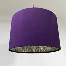 Purple Velvet Drum Lampshade, Double Sided Lampshade With Sage Wonderland Paper On Interior, Tropical - thumbnail 1