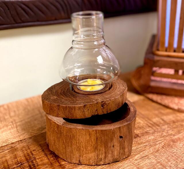 Hand Carved Reclaimed Teak Tealight Box - Wooden Jewelry With Glass Topper - image 1