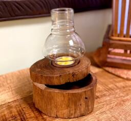 Hand Carved Reclaimed Teak Tealight Box - Wooden Jewelry With Glass Topper - thumbnail 1
