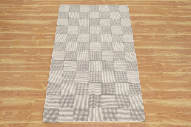 Hand Block Printed Cotton Rug Gray Beige Checkered Area Rug - image 1