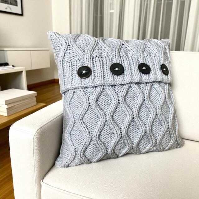 "Hand Knit Pillow Cover Silver Gray Diamond Pattern With Buttons 16""x16" - image 1