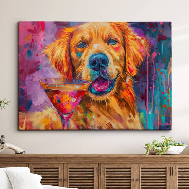 Golden Retriever Cocktail Glass Painting Framed Poster Print & Canvas Wall Decor Art Bar Kitchen Room Dog Gift Pet - image 1