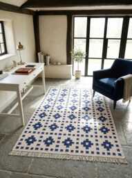 Blue & Ivory Southwestern Rug - Geometric Cotton Flatweave Area For Contemporary Homes in Custom Options - thumbnail 1