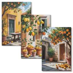 Canvas Wall Art Set Of 3 - Citrus Fruits in A Sunny Garden Setting, Orange Art, Plants & Flowers Decor