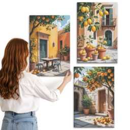 Canvas Wall Art Set Of 3 - Citrus Fruits in A Sunny Garden Setting, Orange Art, Plants & Flowers Decor - thumbnail 2