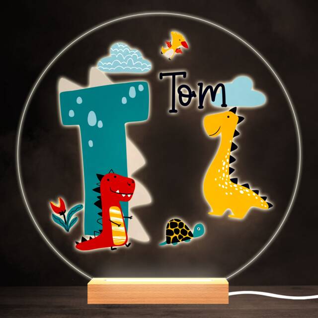 Dinosaur Alphabet Letter T Colourful Round Personalised Gift Lamp Night Light - Bedroom - image 1