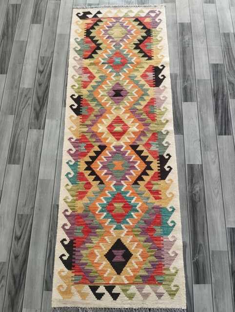 Kilim Runner Multicolour, Handmade Artisan Afghan Turkish Persian Qashqai Navajo Bohemian Natural Wool Flatweave Rug 198x68 cm - image 1