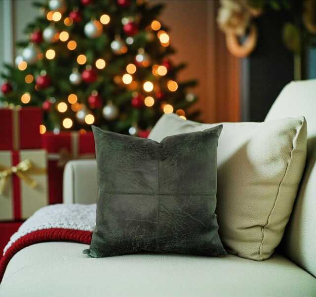 Dark Green Vegan Leather Christmas Pillow Cove R - Square Stitch Design - image 1