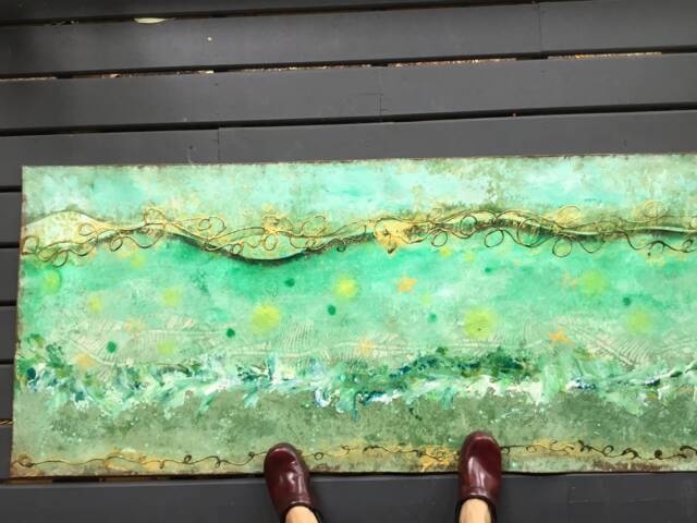 Abstract Ocean Floor Art Blue Green Gold Acrylic Painting - image 1