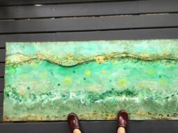 Abstract Ocean Floor Art Blue Green Gold Acrylic Painting - thumbnail 1