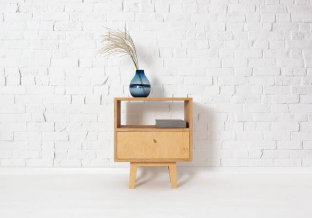 Birch Plywood Bedside Table, Scandinavian Nightstand With Copper Handle - image 1