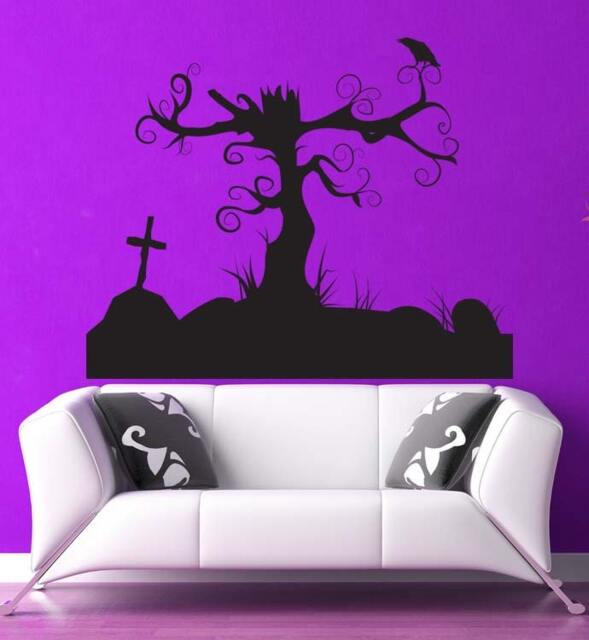 Tree Wall Decal, Spooky Graveyard Decor, Haunted House, Gothic Silhouette, Horror Art, Cemetery Cross, Tombstone Crow, Raven Design - image 1