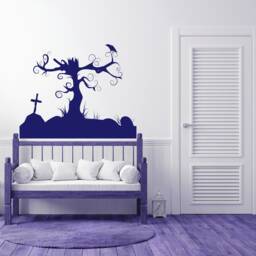 Tree Wall Decal, Spooky Graveyard Decor, Haunted House, Gothic Silhouette, Horror Art, Cemetery Cross, Tombstone Crow, Raven Design - thumbnail 2
