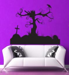 Tree Wall Decal, Spooky Graveyard Decor, Haunted House, Gothic Silhouette, Horror Art, Cemetery Cross, Tombstone Crow, Raven Design - thumbnail 1