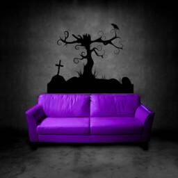 Tree Wall Decal, Spooky Graveyard Decor, Haunted House, Gothic Silhouette, Horror Art, Cemetery Cross, Tombstone Crow, Raven Design - thumbnail 3