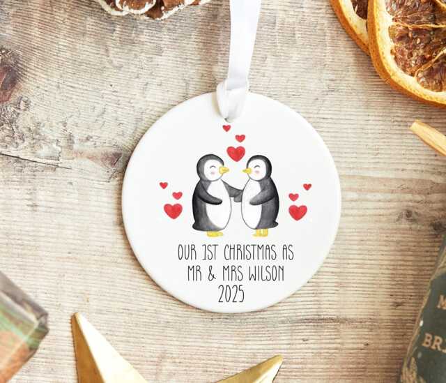 1st Christmas As Mr & Mrs Bauble, Penguin Decoration, Husband & Wife, Personalised & Mrs, Bauble - image 1