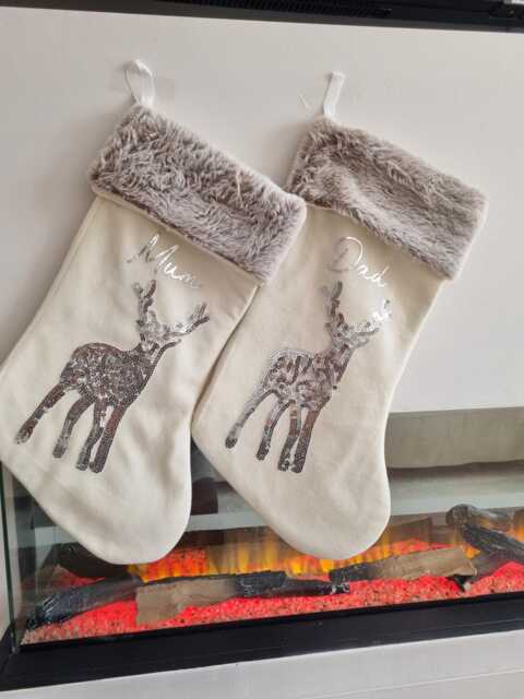 Personalised Christmas Stocking, Luxury Unique Custom Sequin Reindeer Cream Christmas Family Gift, Decor - image 1