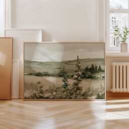 Floral Landscape Poster, Sage Meadow Wall Art, Country Painting - thumbnail 4