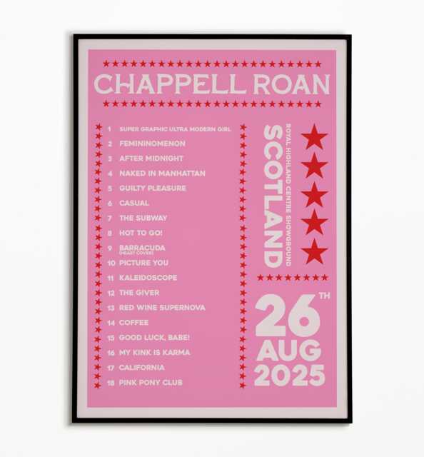 Chappell Roan Scotland 26Th Aug 2025 Setlist Print - Music Prints Unframed Indie Art Concert Poster A5 A4 A3 - image 1