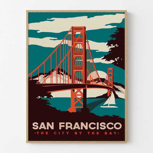 Vintage San Francisco Travel Poster Print, Golden Gate Bridge City By The Bay Wall Art - image 1