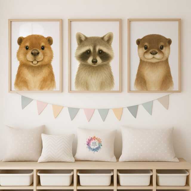 Nursery Forest Animal Prints - 30 Design Choices, Beaver Racoon Otter, Baby Bedroom Decor, Boys Girls, Woodland Print, Kids Room Wall Art - image 1