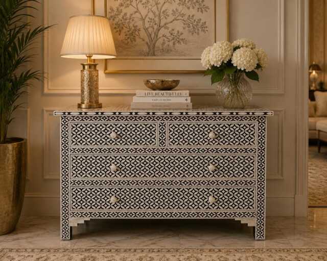 Designer Bone Inlay Black & White Geometric Pattern Chest Of 4 Drawers - image 1