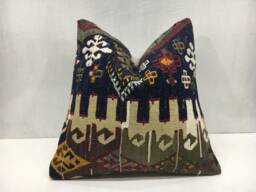 Vintage Handwoven Kilim Pillow Cover, Turkish Rustic Home Decor - 16x16 - thumbnail 1