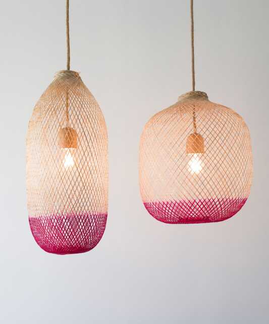 Hand-Dyed Bamboo Pendant Light, Hot Pink & Natural Rattan Fish Trap Lamp Shade - image 1
