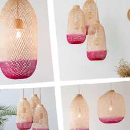 Hand-Dyed Bamboo Pendant Light, Hot Pink & Natural Rattan Fish Trap Lamp Shade - thumbnail 2