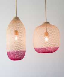Hand-Dyed Bamboo Pendant Light, Hot Pink & Natural Rattan Fish Trap Lamp Shade - thumbnail 1