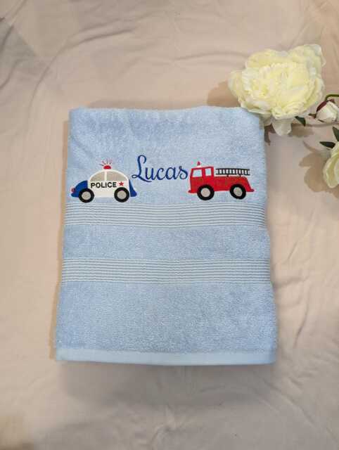 Personalised Kids Bath Towel Embroidered Police Car & Fire Engine - image 1