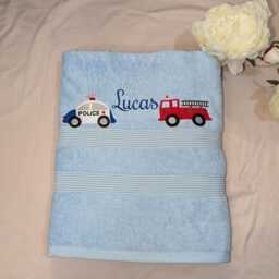 Personalised Kids Bath Towel Embroidered Police Car & Fire Engine - thumbnail 3