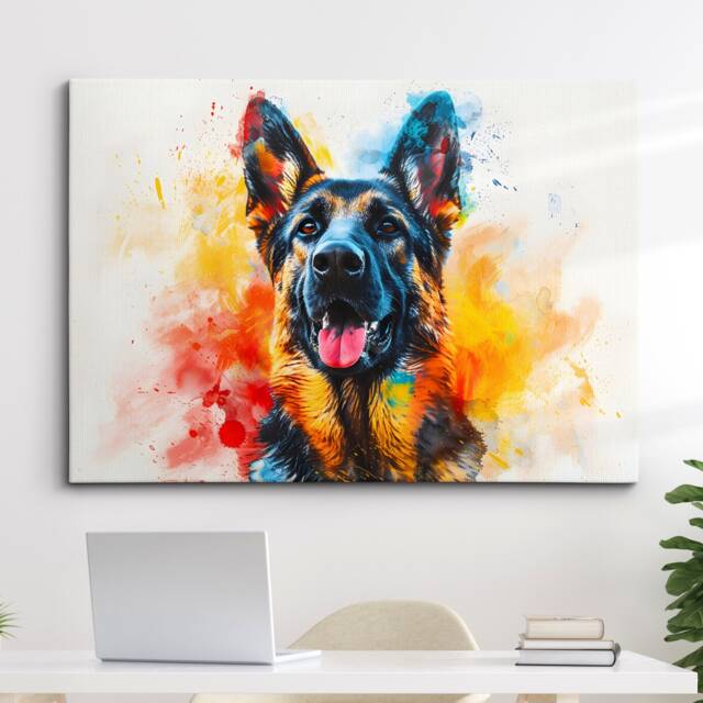 German Shepherd Abstract Dog Pet Animal Painting Splatter Wall Art, Framed Canvas Poster Print, Home Kitchen Office Room Decor, Gifts - image 1