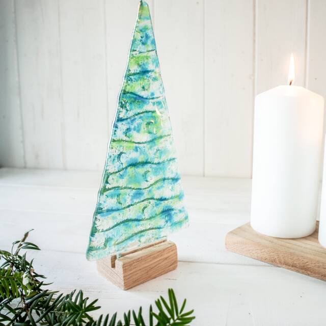 Large Fused Glass Christmas Tree Blue Green 22cm - 8 1/2 - image 1