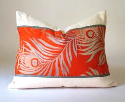 Peacock Feather Pillow Cover Vintage Japanese Obi Silk, Vermillion Red