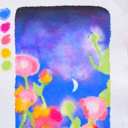 Original Art - Midnight Flowers Oil Pastel & Brush Pen Drawing Wall Decor, Gallery Wall, Flowers, Summer, Colourful - thumbnail 2