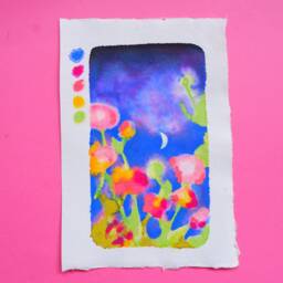 Original Art - Midnight Flowers Oil Pastel & Brush Pen Drawing Wall Decor, Gallery Wall, Flowers, Summer, Colourful - thumbnail 3