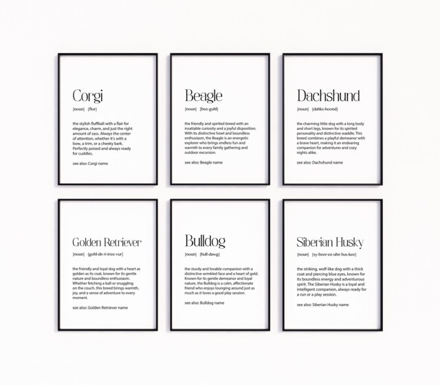 Custom Dog Breed Definition Prints - Set Of 6 Personalised Pet Wall Art, Choose Your Breed, Unique Gift For Lovers, Presents