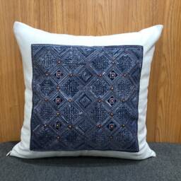 Beige Linen Throw Pillow - Indigo Batik Hmong Cushion Cover - thumbnail 4