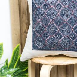 Beige Linen Throw Pillow - Indigo Batik Hmong Cushion Cover - thumbnail 2