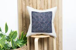 Beige Linen Throw Pillow - Indigo Batik Hmong Cushion Cover - thumbnail 1