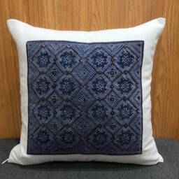 Beige Linen Throw Pillow - Indigo Batik Hmong Cushion Cover - thumbnail 3