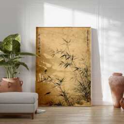 Japanese Bamboo Wall Art, Vintage Ink Painting Poster, Minimalist Nature Decor, Oriental Bird & Plant Print, Unframed Zen Artwork - thumbnail 2