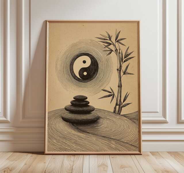 Yin Yang Zen Print, Bamboo Line Sketch Wall Decor, Stacked Stones Poster, Vintage Art - image 1