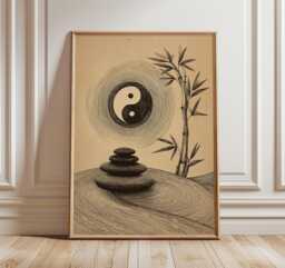 Yin Yang Zen Print, Bamboo Line Sketch Wall Decor, Stacked Stones Poster, Vintage Art - thumbnail 1
