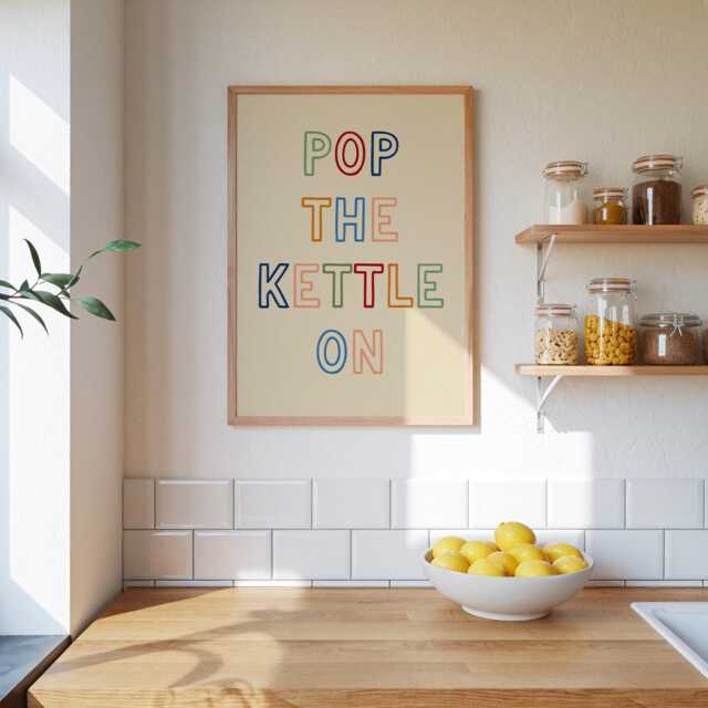 Pop The Kettle On Wall Art Print, Kitchen Art, Dining Room Trendy Home Decor, Tea & Coffee Prints, Neutral Retro Poster - image 1