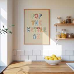 Pop The Kettle On Wall Art Print, Kitchen Art, Dining Room Trendy Home Decor, Tea & Coffee Prints, Neutral Retro Poster - thumbnail 1